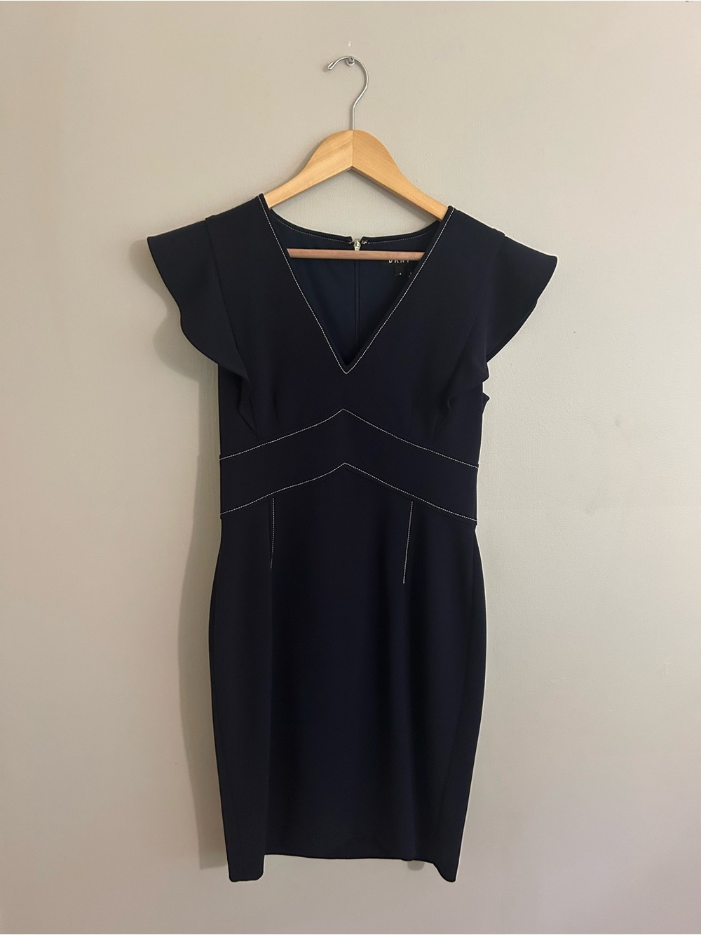 DKNY Navy V-Neck Sheath Dress with Flutter Cap Sleeves